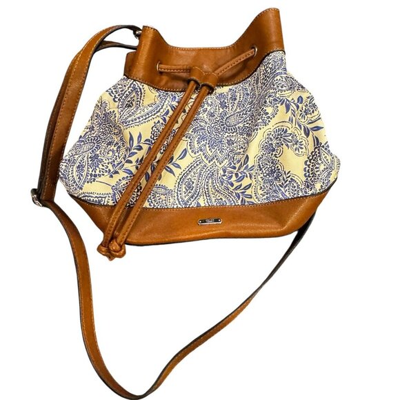 Vintage Chaps Floral Bucket Bag – Blue Paisley Print with Brown Leather Accents - Picture 1 of 4